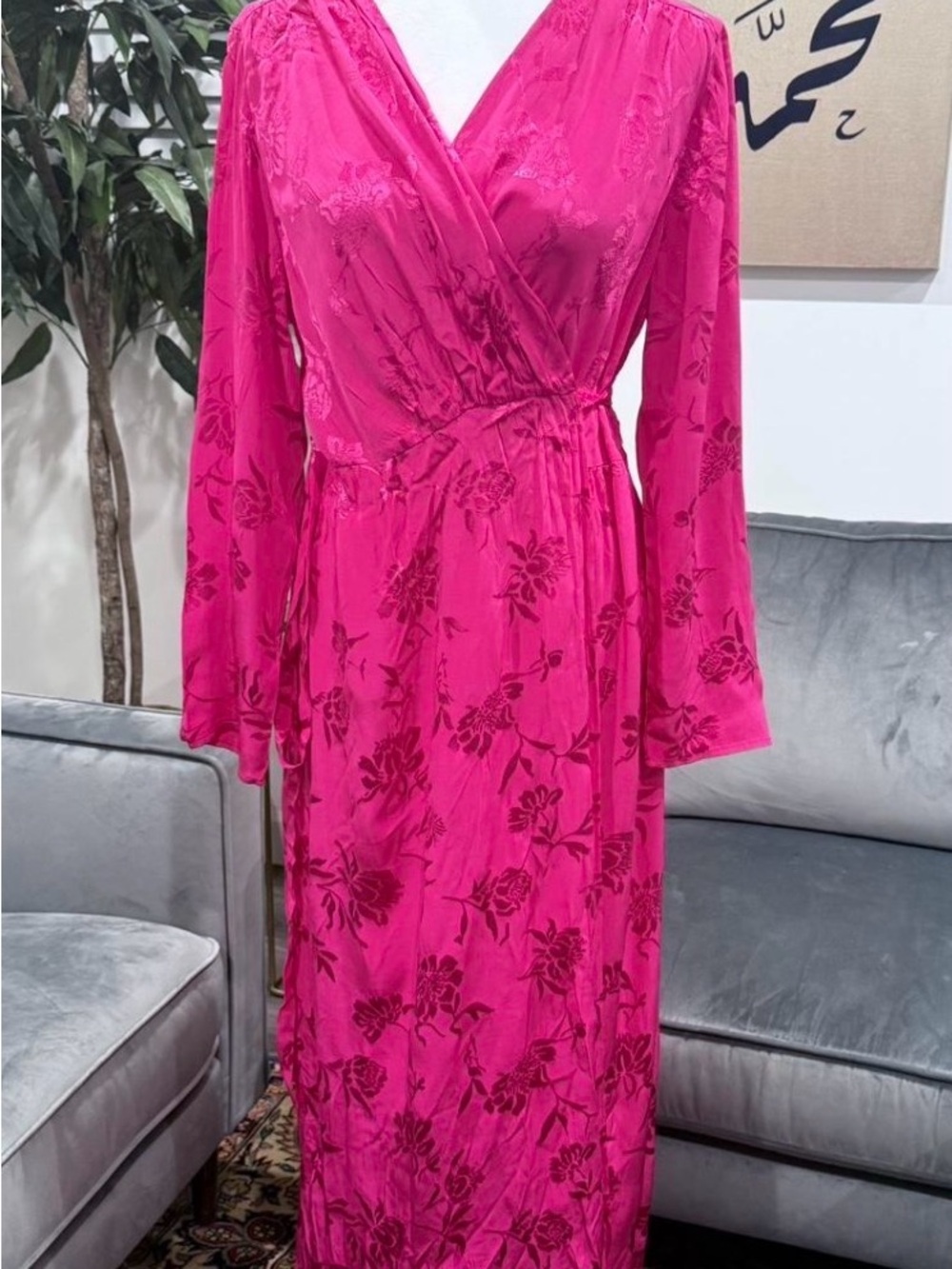 Zara Hot Pink Floral Wrap-Style Long Sleeve Maxi Dress
